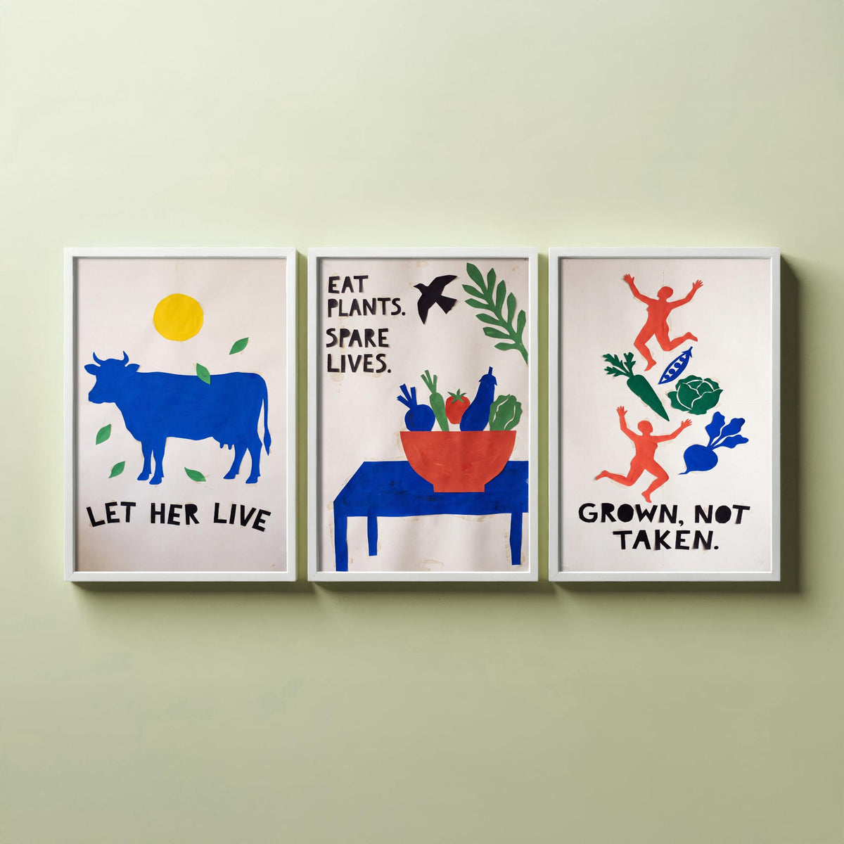 Let Her Live Set of Three Art Prints - Vegan Cut Paper Posters - Blue Cow, Vegetable Bowl, Grown Not Taken - Bold Illustration