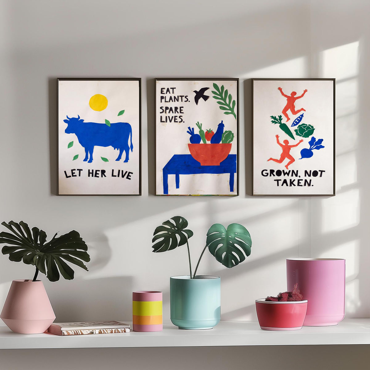Let Her Live Set of Three Art Prints - Vegan Cut Paper Posters - Blue Cow, Vegetable Bowl, Grown Not Taken - Bold Illustration