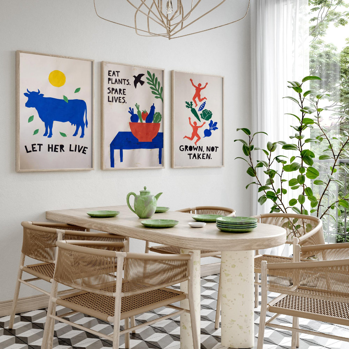 Let Her Live Set of Three Art Prints - Vegan Cut Paper Posters - Blue Cow, Vegetable Bowl, Grown Not Taken - Bold Illustration