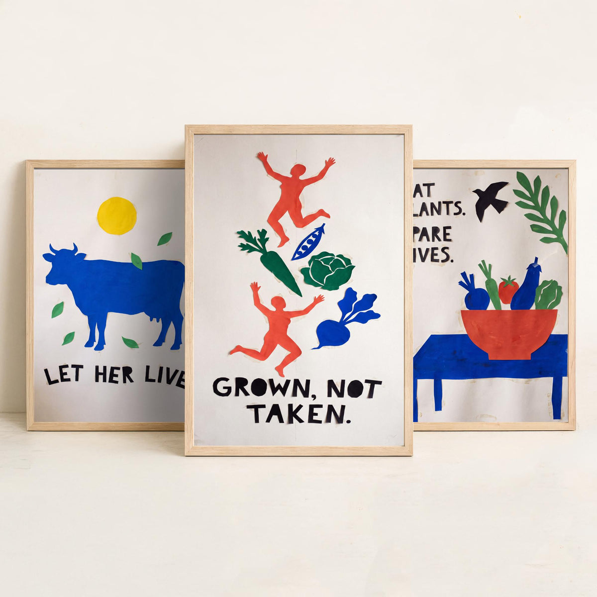 Let Her Live Set of Three Art Prints - Vegan Cut Paper Posters - Blue Cow, Vegetable Bowl, Grown Not Taken - Bold Illustration