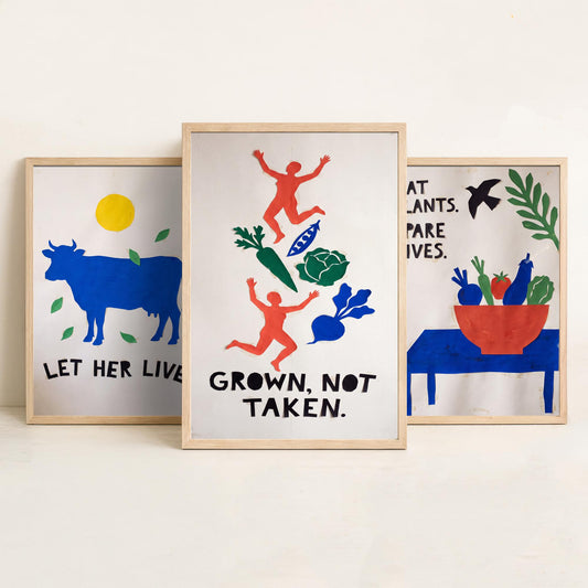 Let Her Live Set of Three Art Prints - Vegan Cut Paper Posters - Blue Cow, Vegetable Bowl, Grown Not Taken - Bold Illustration