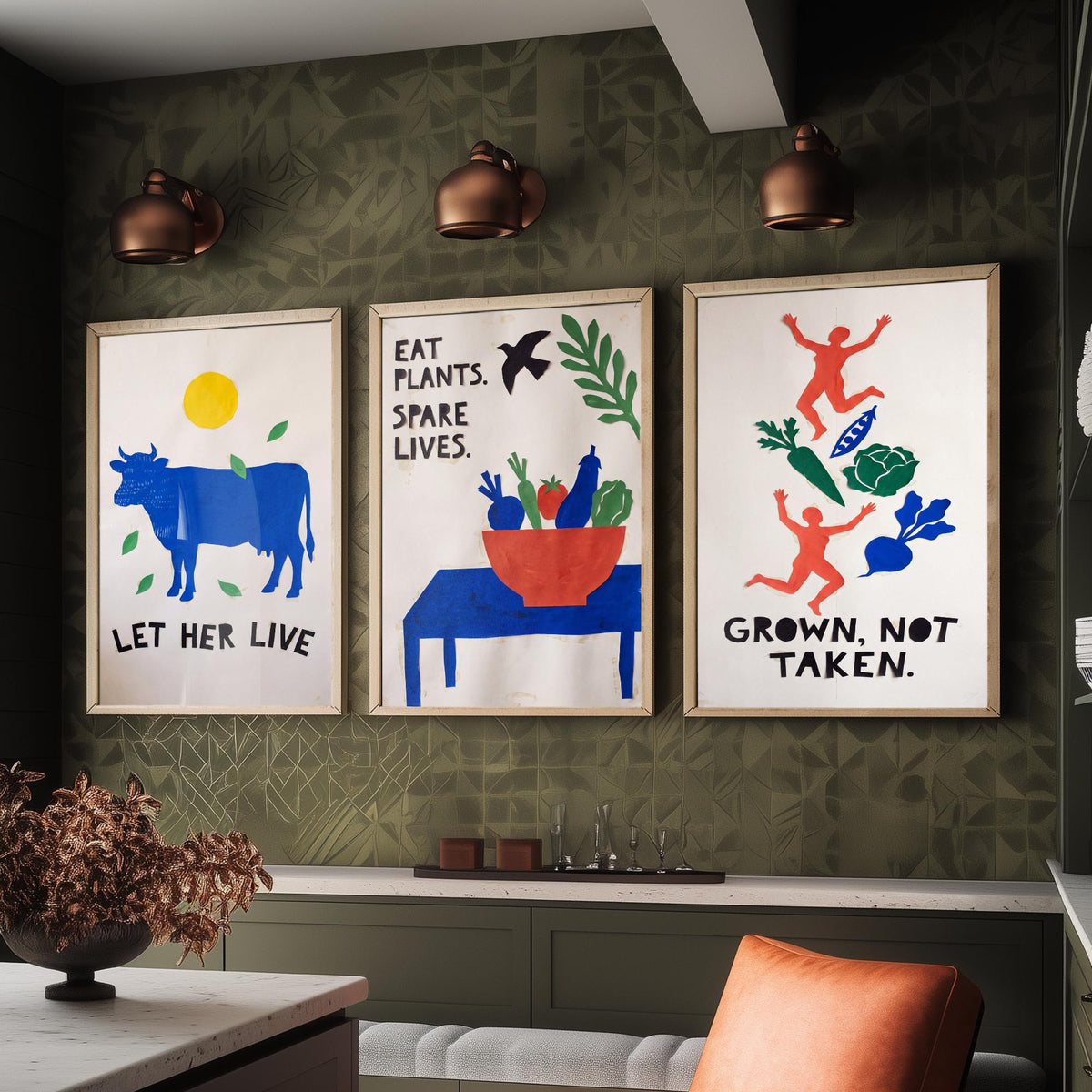 Let Her Live Set of Three Art Prints - Vegan Cut Paper Posters - Blue Cow, Vegetable Bowl, Grown Not Taken - Bold Illustration