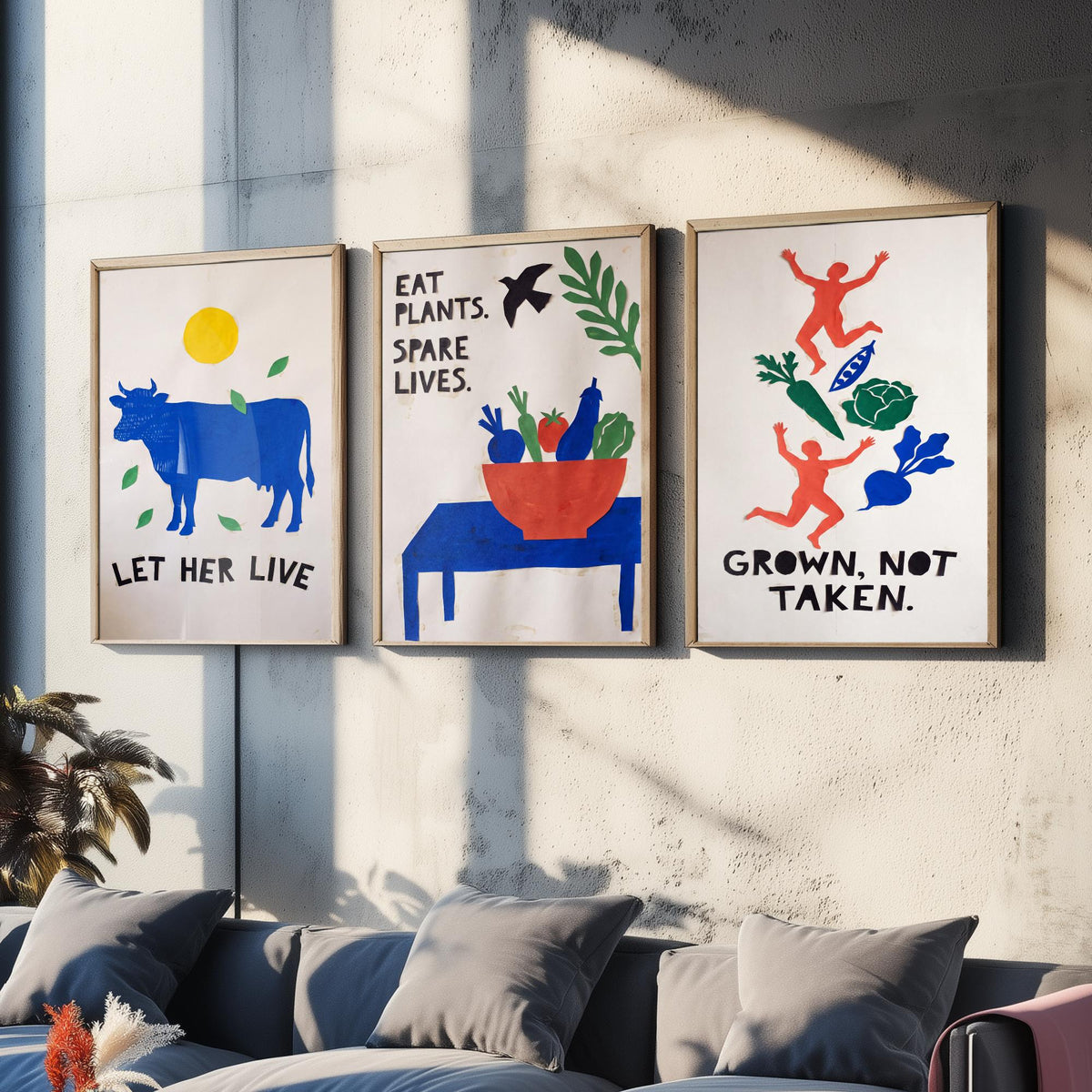 Let Her Live Set of Three Art Prints - Vegan Cut Paper Posters - Blue Cow, Vegetable Bowl, Grown Not Taken - Bold Illustration