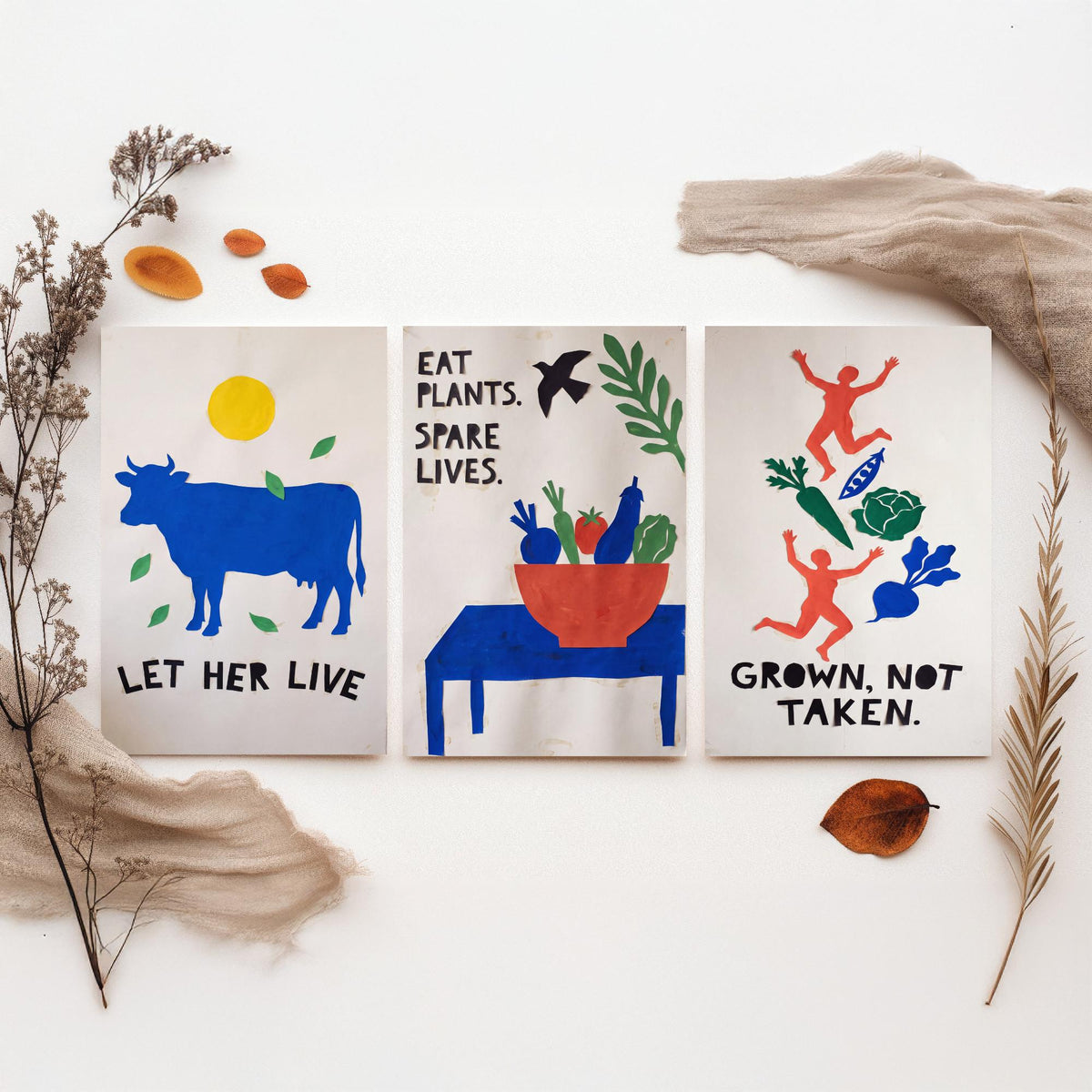 Let Her Live Set of Three Art Prints - Vegan Cut Paper Posters - Blue Cow, Vegetable Bowl, Grown Not Taken - Bold Illustration