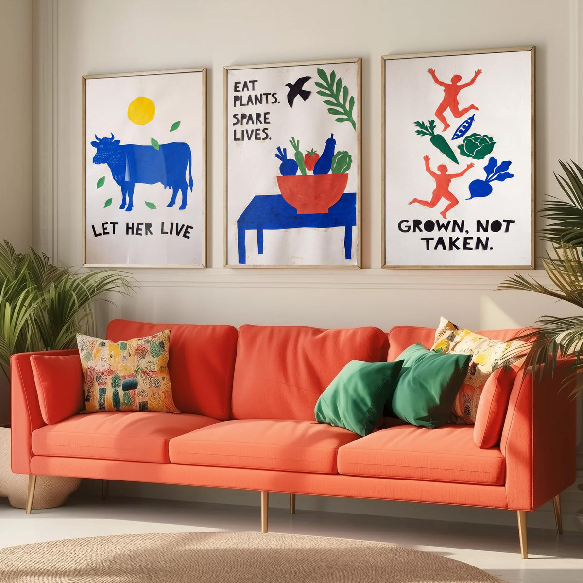 Let Her Live Set of Three Art Prints - Vegan Cut Paper Posters - Blue Cow, Vegetable Bowl, Grown Not Taken - Bold Illustration