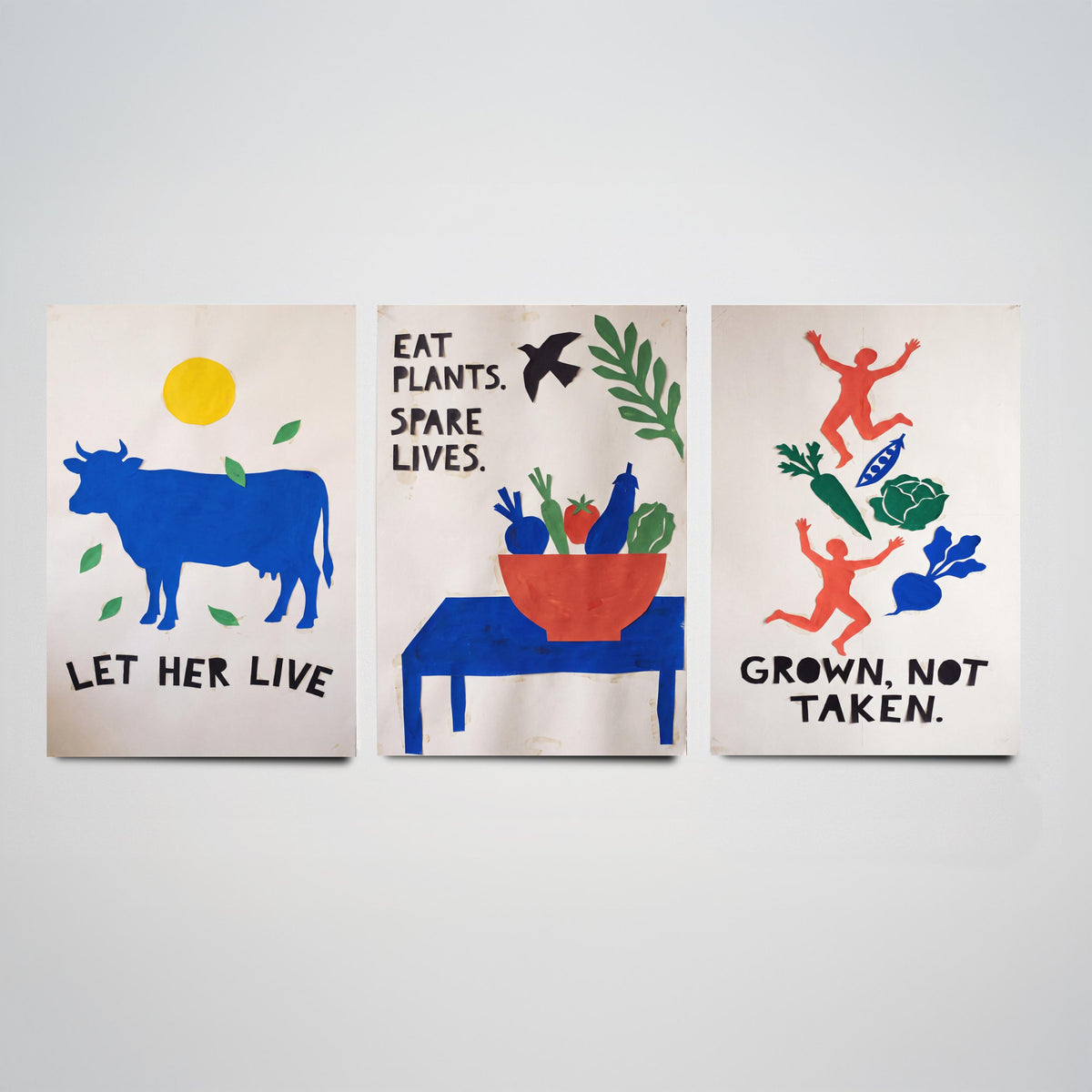 Let Her Live Set of Three Art Prints - Vegan Cut Paper Posters - Blue Cow, Vegetable Bowl, Grown Not Taken - Bold Illustration