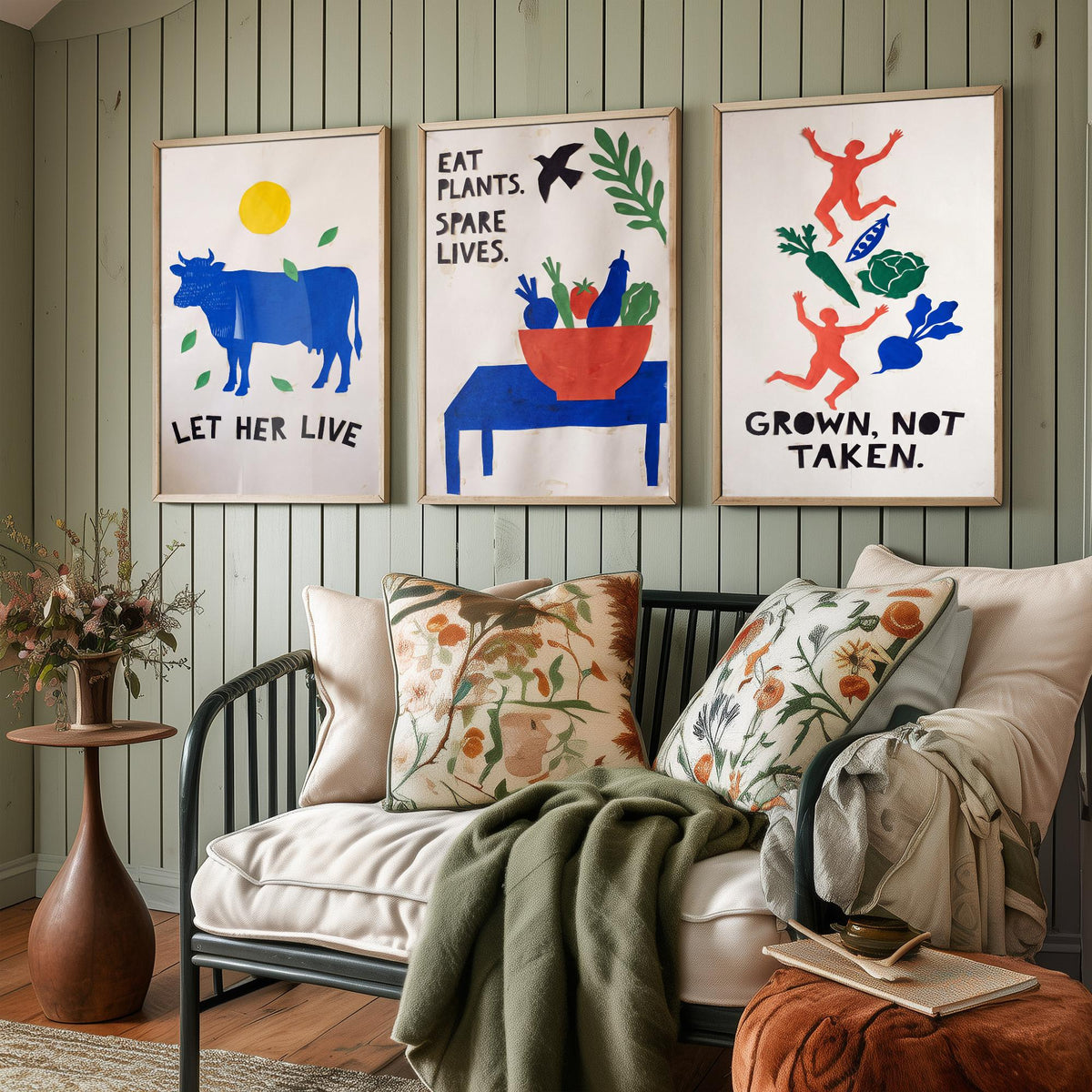 Let Her Live Set of Three Art Prints - Vegan Cut Paper Posters - Blue Cow, Vegetable Bowl, Grown Not Taken - Bold Illustration