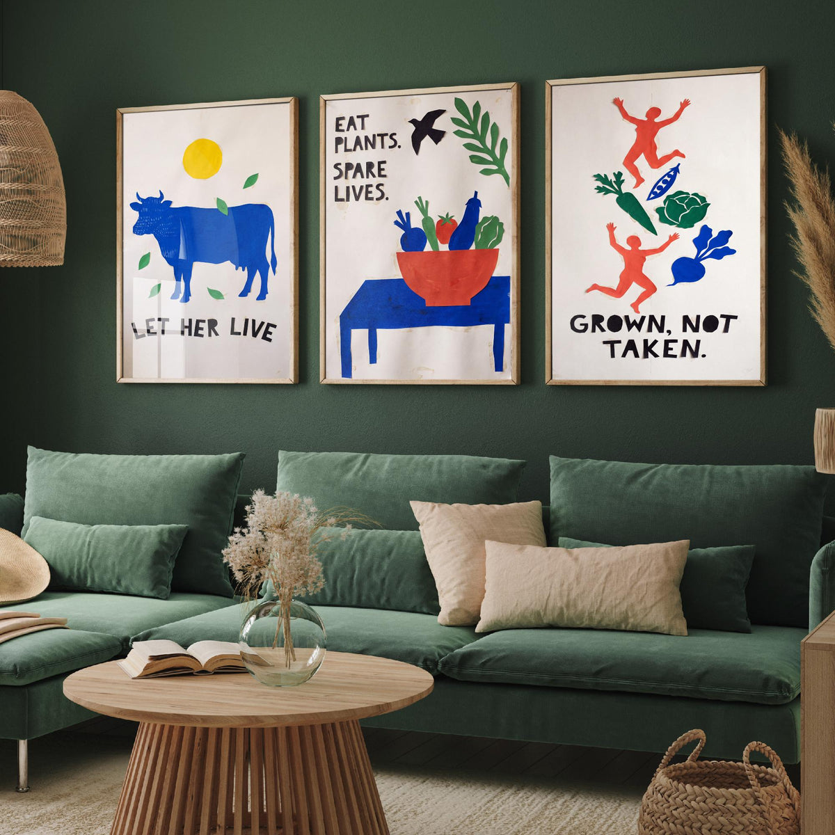 Let Her Live Set of Three Art Prints - Vegan Cut Paper Posters - Blue Cow, Vegetable Bowl, Grown Not Taken - Bold Illustration
