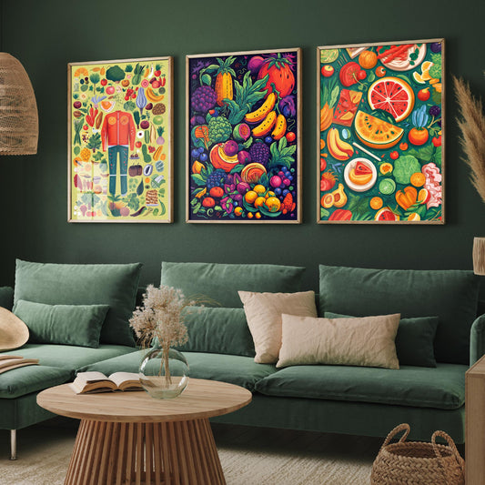 Vegan Kitchen Set of Three Art Prints - Veggie Figure, Fruit Pile on Navy, Watermelon Table - Bold Plant Based Food Illustration Poster V1