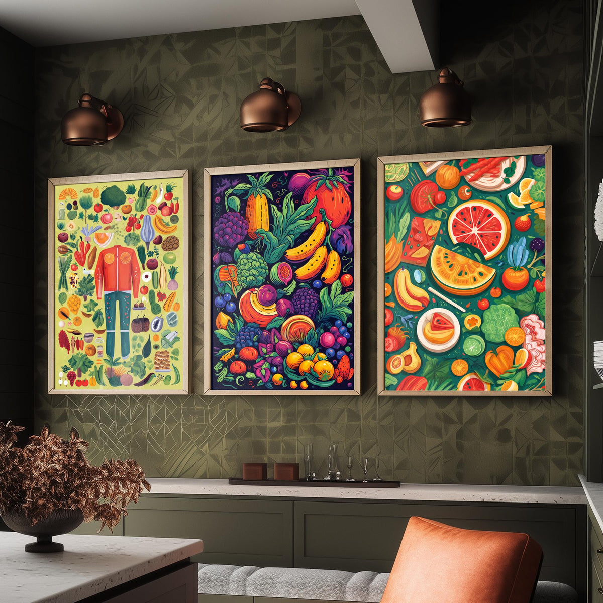 Vegan Kitchen Set of Three Art Prints - Veggie Figure, Fruit Pile on Navy, Watermelon Table - Bold Plant Based Food Illustration Poster V1