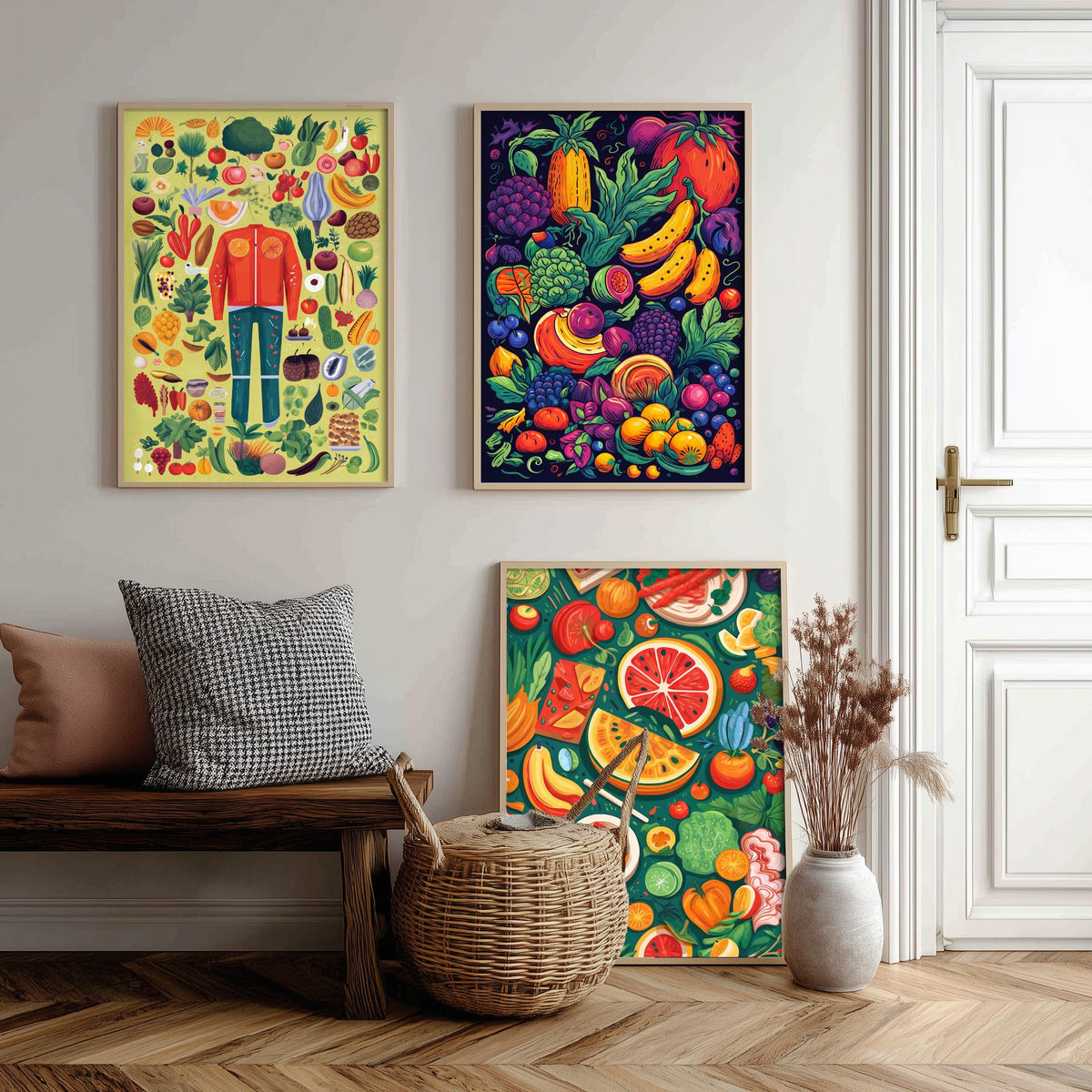 Vegan Kitchen Set of Three Art Prints - Veggie Figure, Fruit Pile on Navy, Watermelon Table - Bold Plant Based Food Illustration Poster V1
