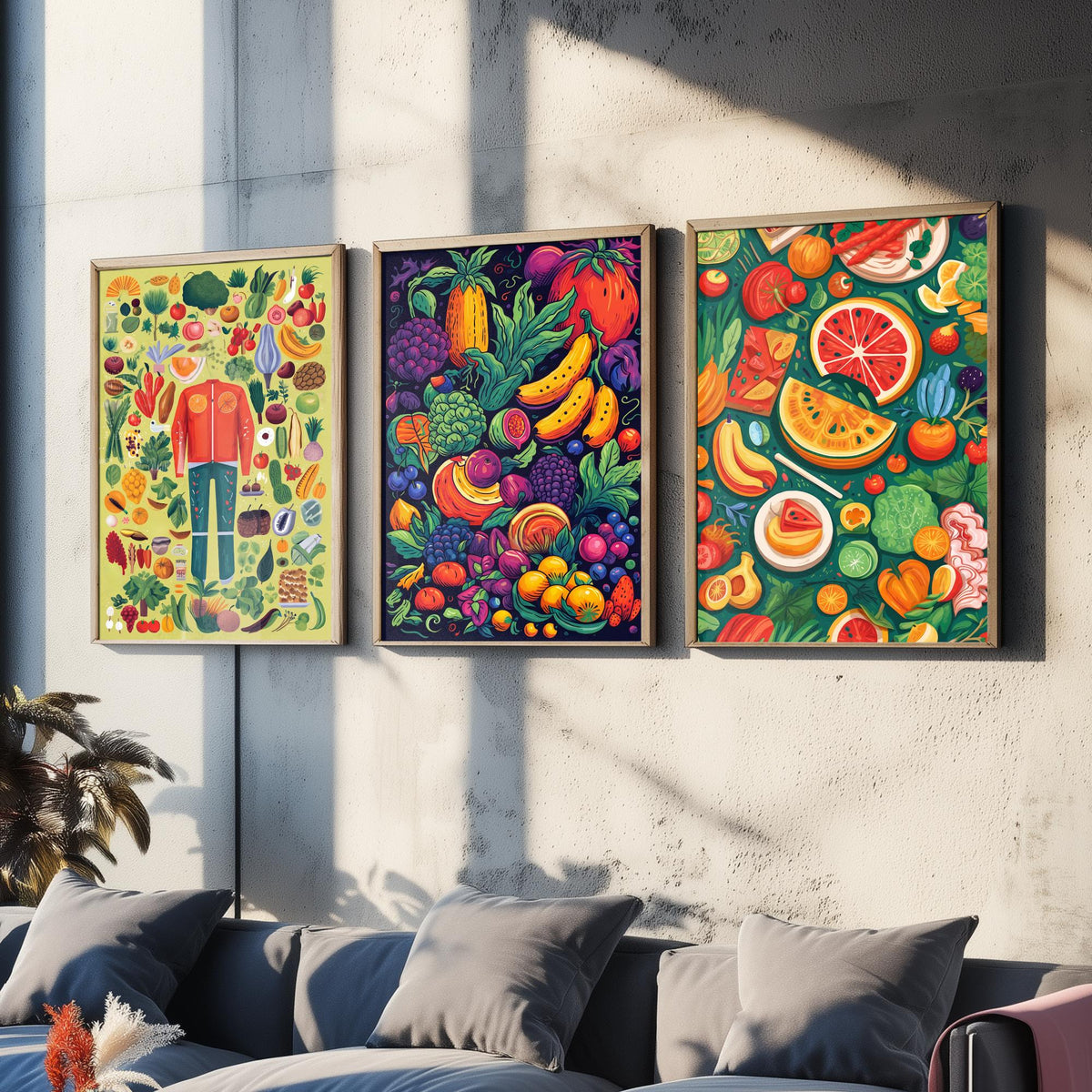 Vegan Kitchen Set of Three Art Prints - Veggie Figure, Fruit Pile on Navy, Watermelon Table - Bold Plant Based Food Illustration Poster V1