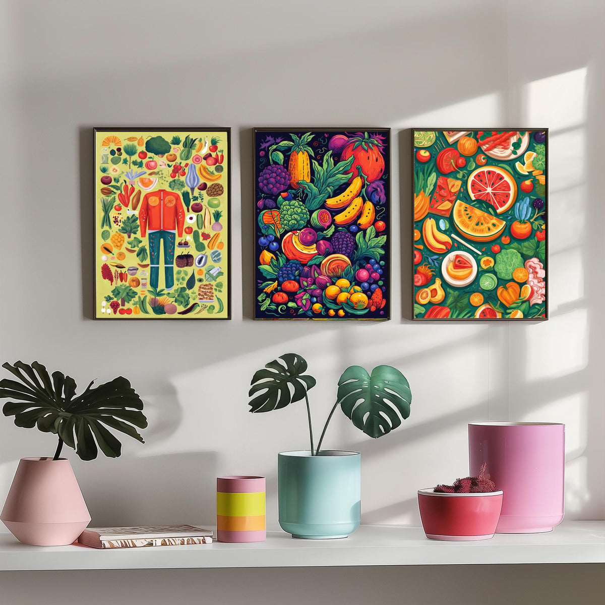 Vegan Kitchen Set of Three Art Prints - Veggie Figure, Fruit Pile on Navy, Watermelon Table - Bold Plant Based Food Illustration Poster V1