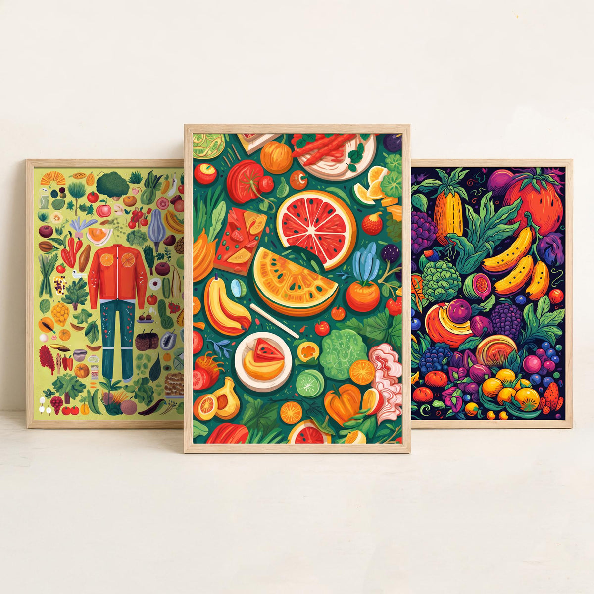 Vegan Kitchen Set of Three Art Prints - Veggie Figure, Fruit Pile on Navy, Watermelon Table - Bold Plant Based Food Illustration Poster V1