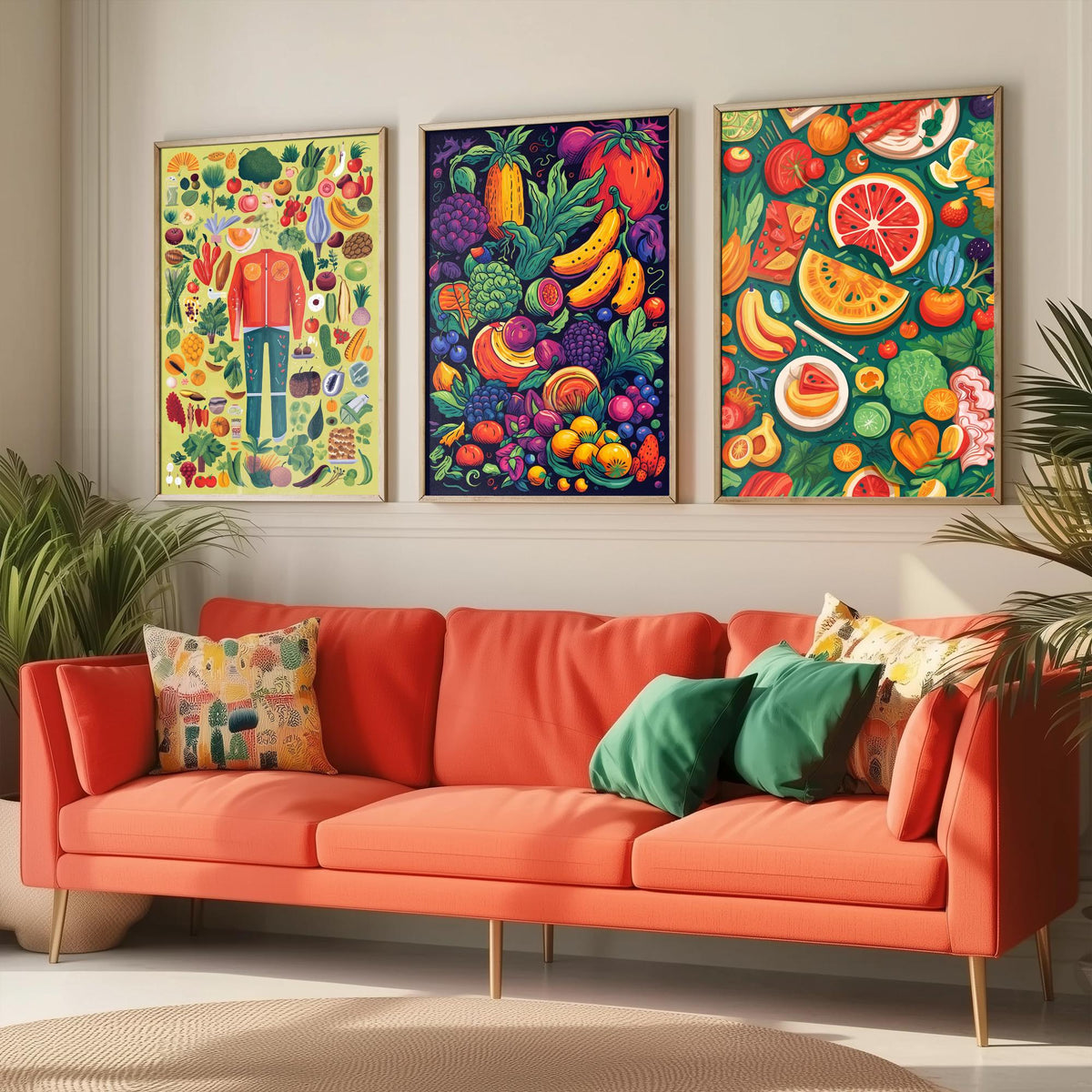 Vegan Kitchen Set of Three Art Prints - Veggie Figure, Fruit Pile on Navy, Watermelon Table - Bold Plant Based Food Illustration Poster V1