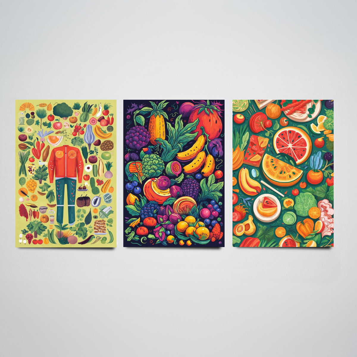 Vegan Kitchen Set of Three Art Prints - Veggie Figure, Fruit Pile on Navy, Watermelon Table - Bold Plant Based Food Illustration Poster V1