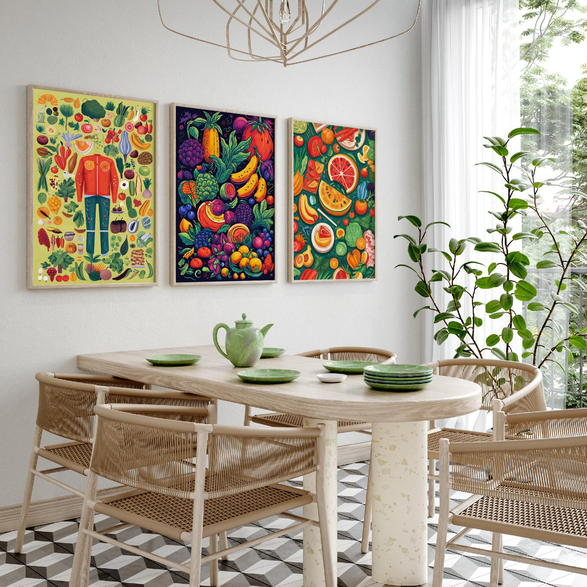 Vegan Kitchen Set of Three Art Prints - Veggie Figure, Fruit Pile on Navy, Watermelon Table - Bold Plant Based Food Illustration Poster V1