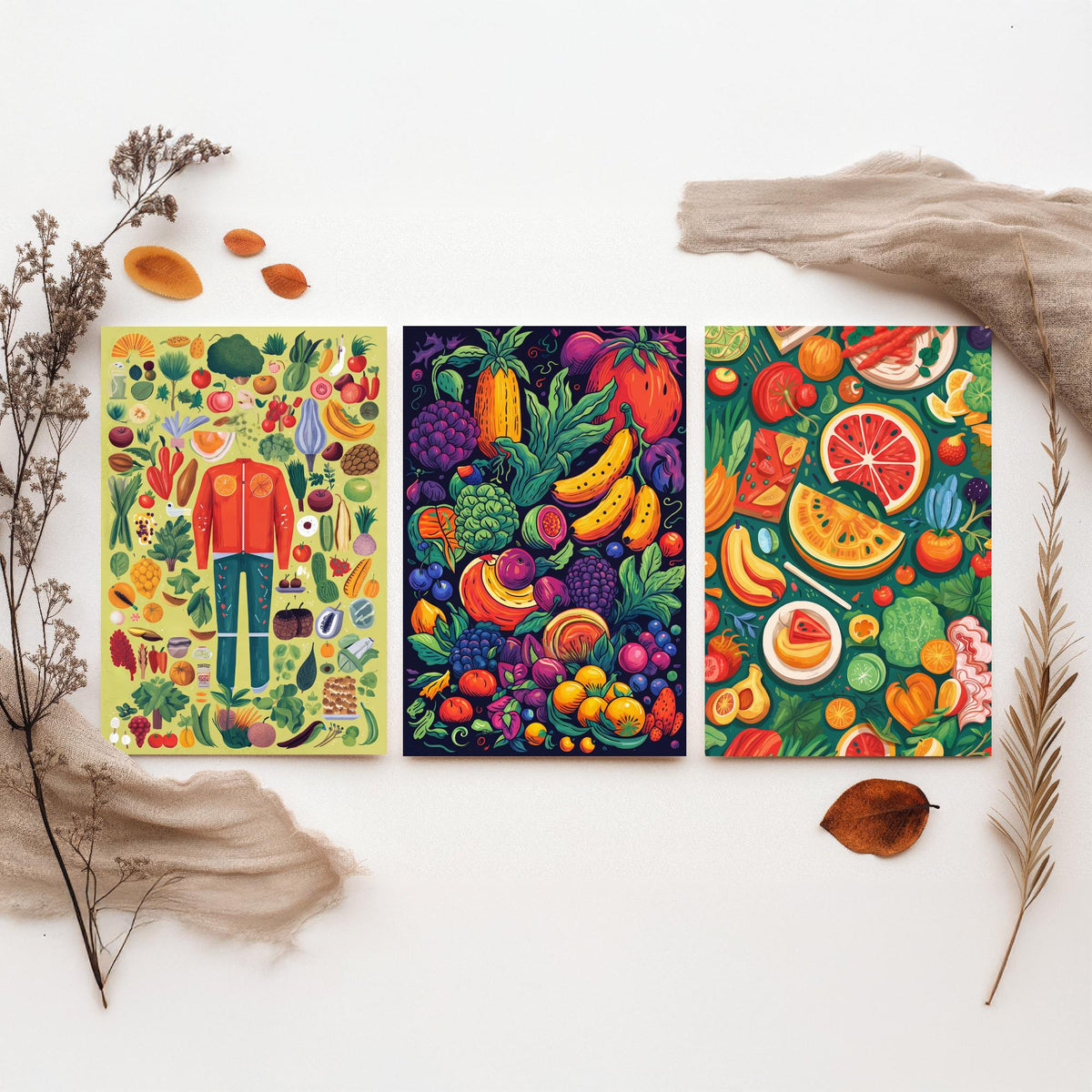 Vegan Kitchen Set of Three Art Prints - Veggie Figure, Fruit Pile on Navy, Watermelon Table - Bold Plant Based Food Illustration Poster V1