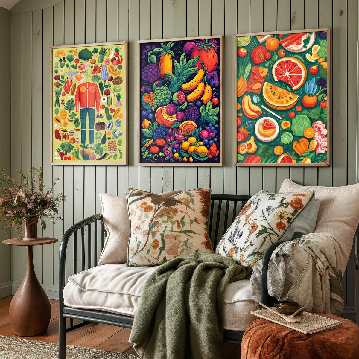 Vegan Kitchen Set of Three Art Prints - Veggie Figure, Fruit Pile on Navy, Watermelon Table - Bold Plant Based Food Illustration Poster V1