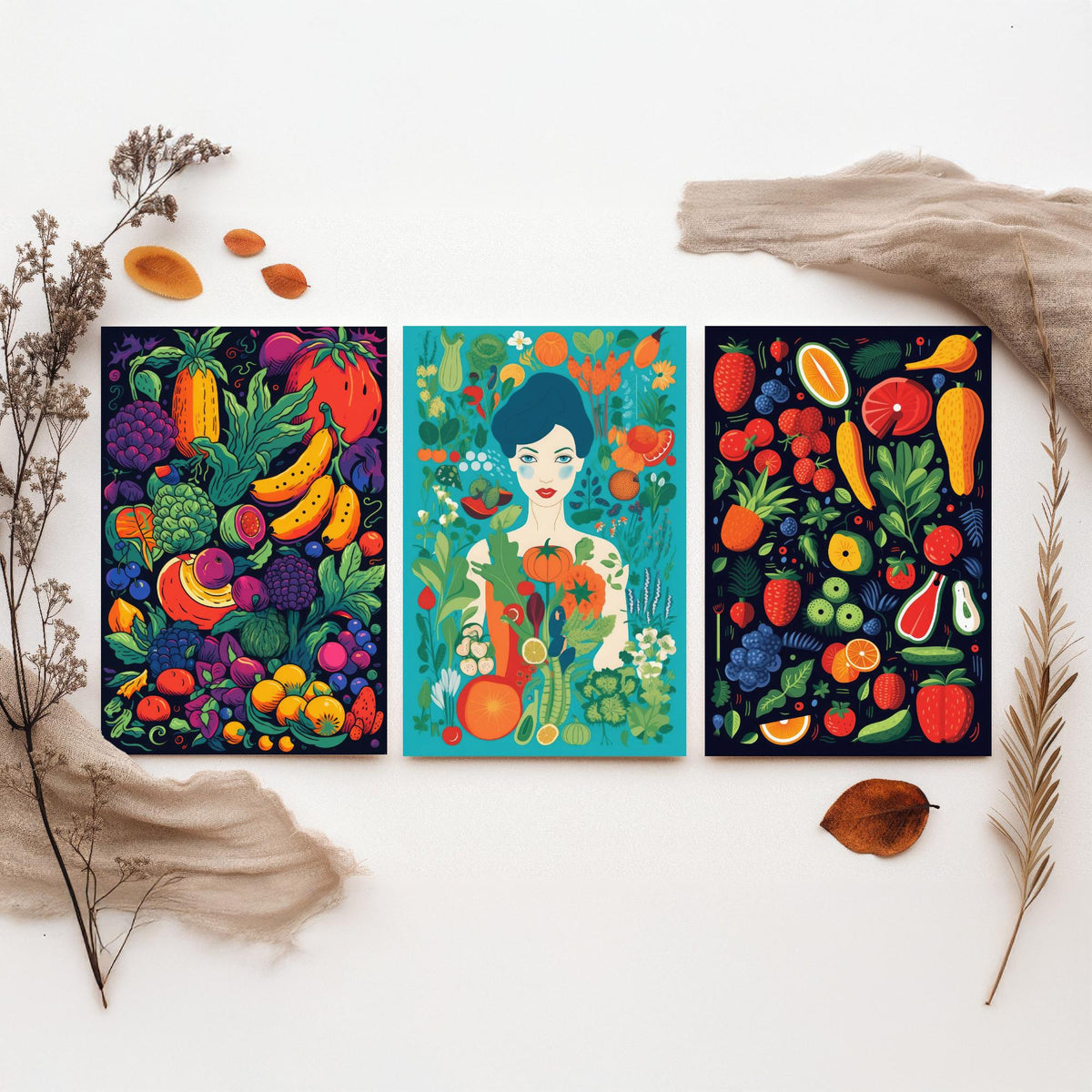 Vegan Woman and Fruit Set of Three Art Prints - Navy Fruit Harvest, Lady in a Vegetable Garden, Strawberries - Food Illustration Poster V2