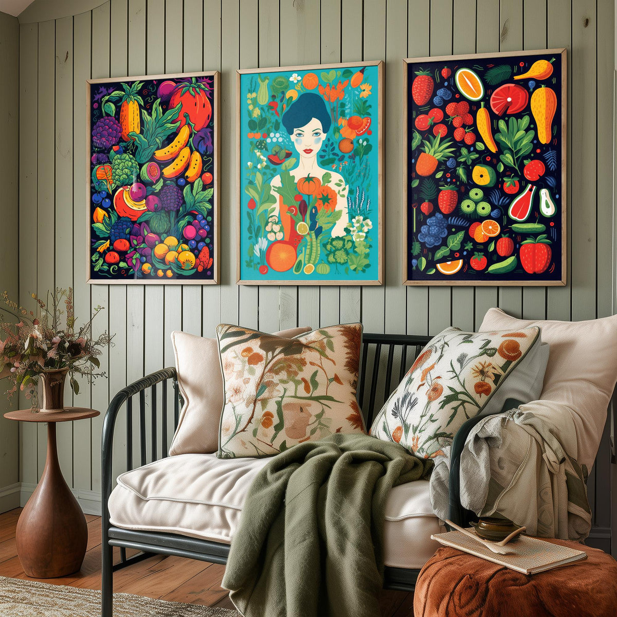 Vegan Woman and Fruit Set of Three Art Prints - Navy Fruit Harvest, Lady in a Vegetable Garden, Strawberries - Food Illustration Poster V2