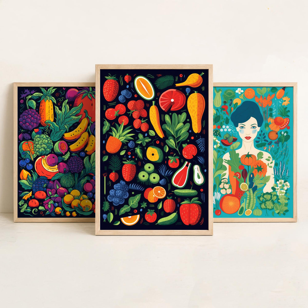 Vegan Woman and Fruit Set of Three Art Prints - Navy Fruit Harvest, Lady in a Vegetable Garden, Strawberries - Food Illustration Poster V2