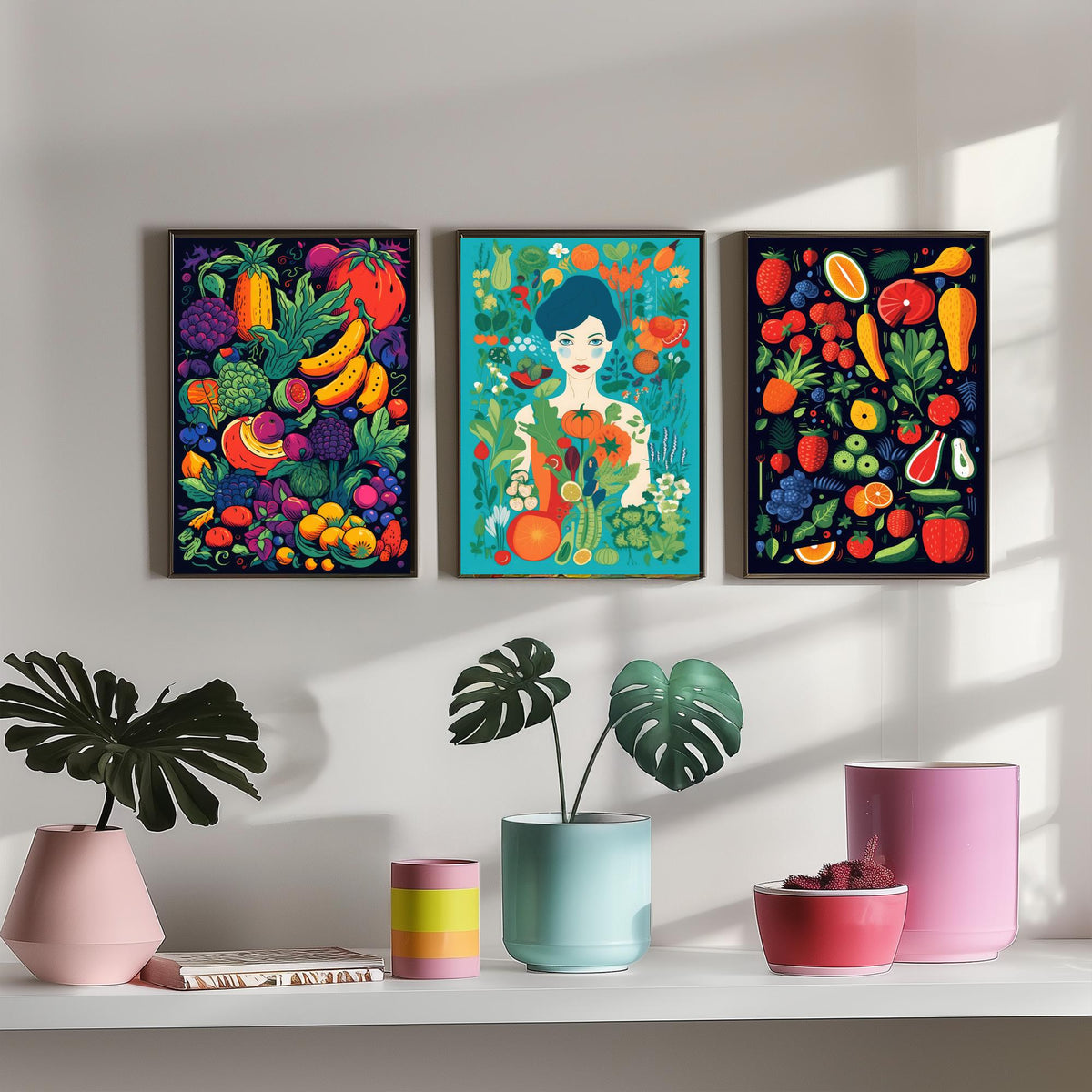 Vegan Woman and Fruit Set of Three Art Prints - Navy Fruit Harvest, Lady in a Vegetable Garden, Strawberries - Food Illustration Poster V2