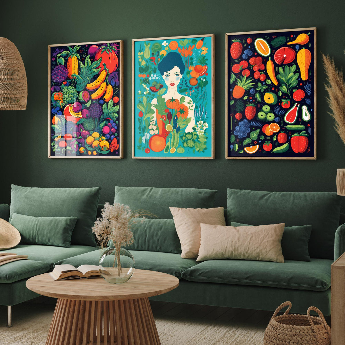 Vegan Woman and Fruit Set of Three Art Prints - Navy Fruit Harvest, Lady in a Vegetable Garden, Strawberries - Food Illustration Poster V2