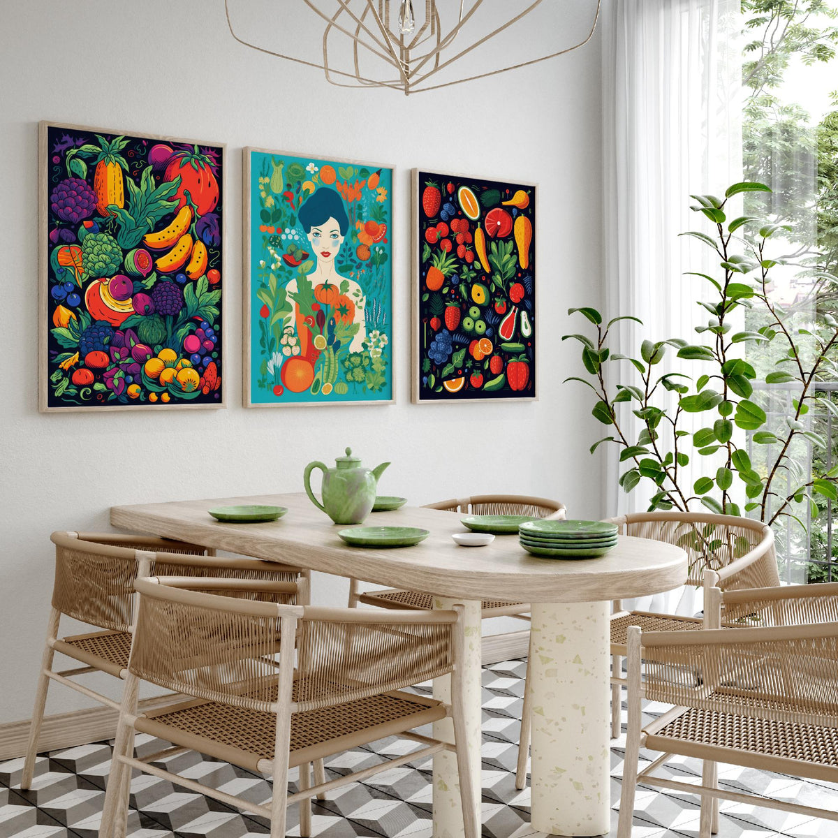 Vegan Woman and Fruit Set of Three Art Prints - Navy Fruit Harvest, Lady in a Vegetable Garden, Strawberries - Food Illustration Poster V2