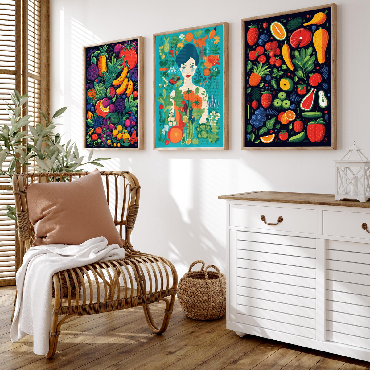 Vegan Woman and Fruit Set of Three Art Prints - Navy Fruit Harvest, Lady in a Vegetable Garden, Strawberries - Food Illustration Poster V2