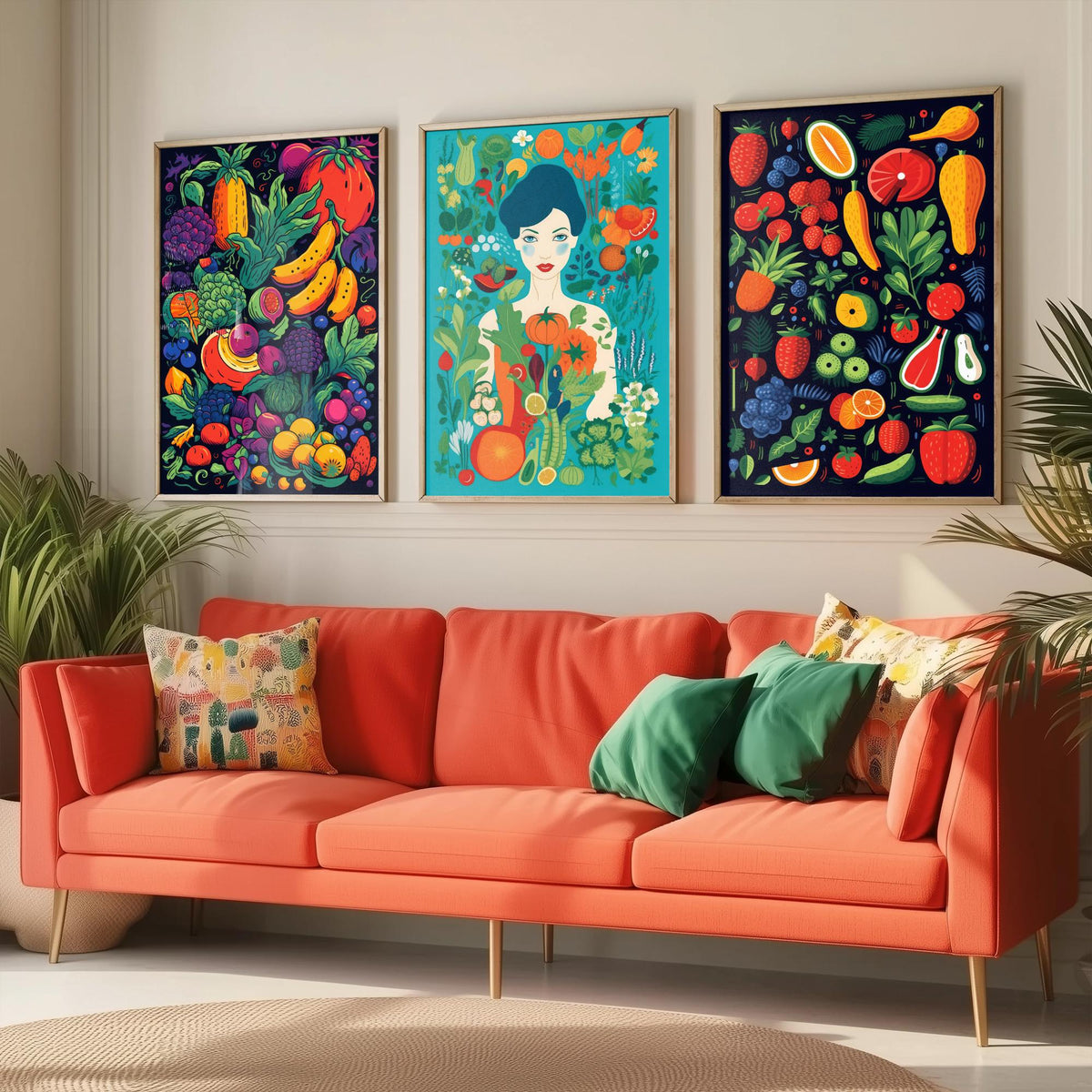 Vegan Woman and Fruit Set of Three Art Prints - Navy Fruit Harvest, Lady in a Vegetable Garden, Strawberries - Food Illustration Poster V2