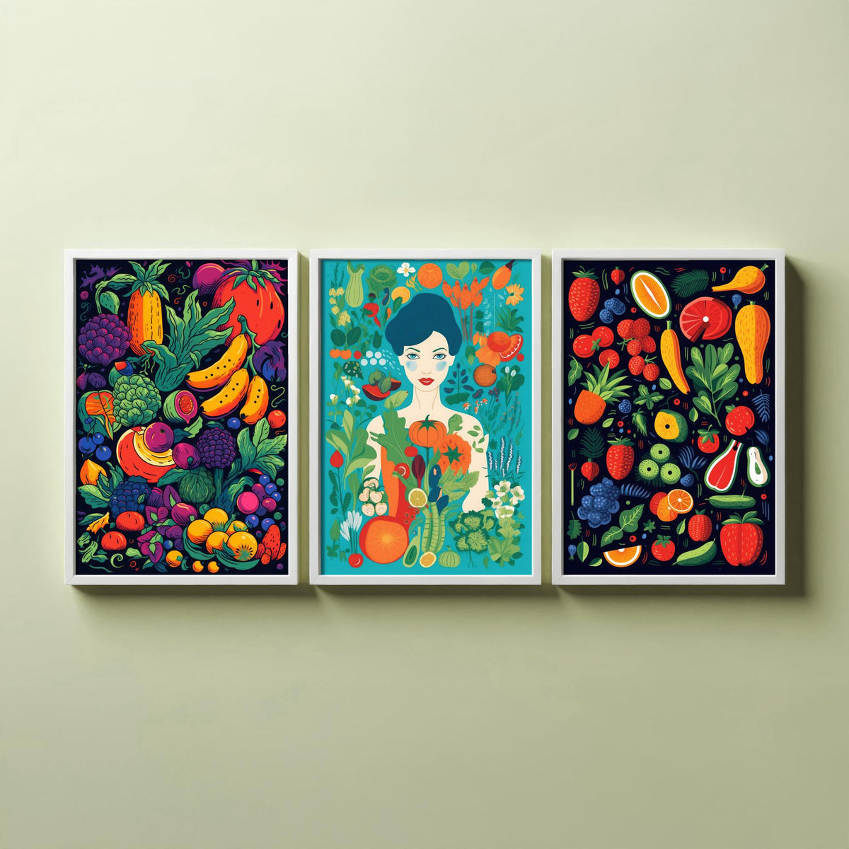 Vegan Woman and Fruit Set of Three Art Prints - Navy Fruit Harvest, Lady in a Vegetable Garden, Strawberries - Food Illustration Poster V2