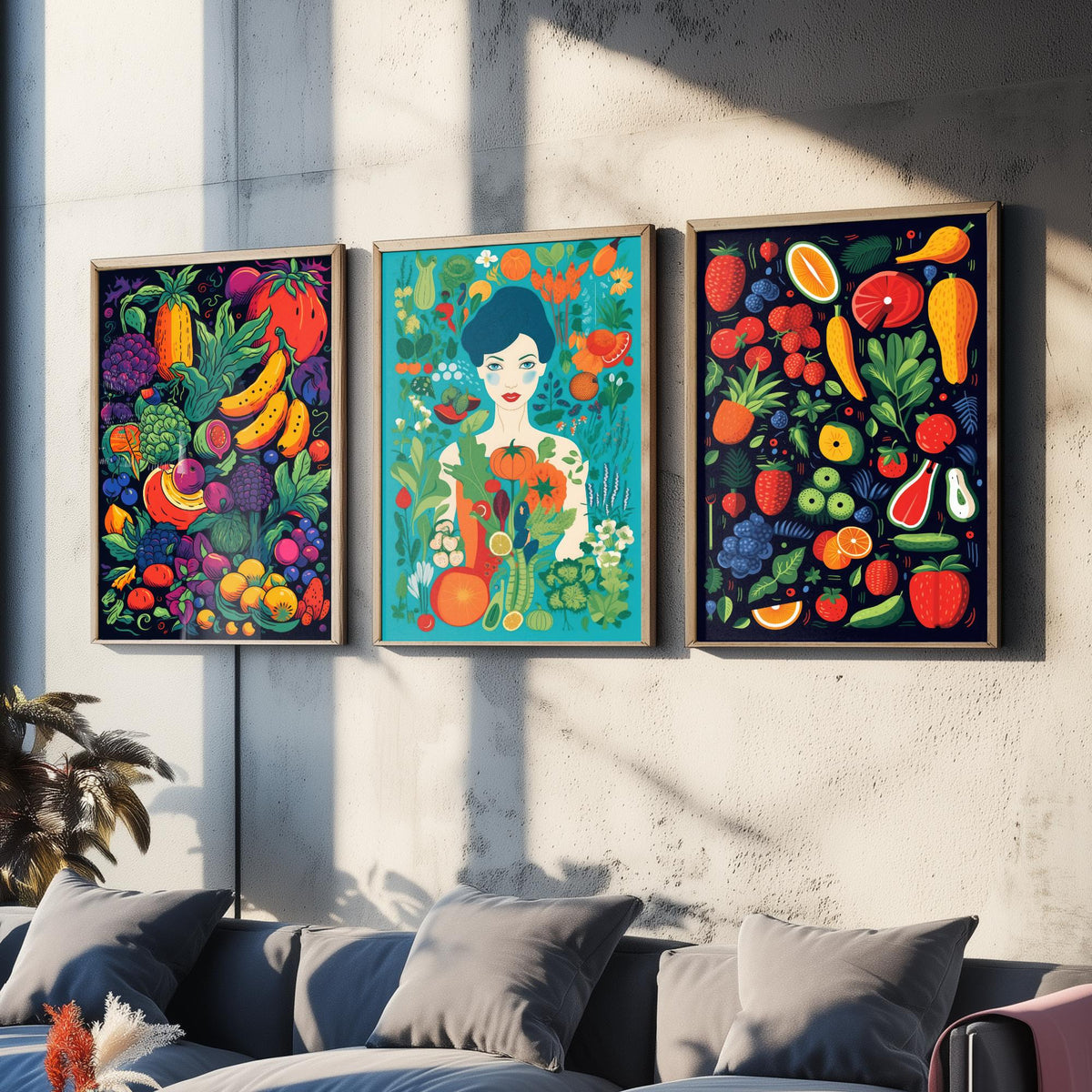 Vegan Woman and Fruit Set of Three Art Prints - Navy Fruit Harvest, Lady in a Vegetable Garden, Strawberries - Food Illustration Poster V2