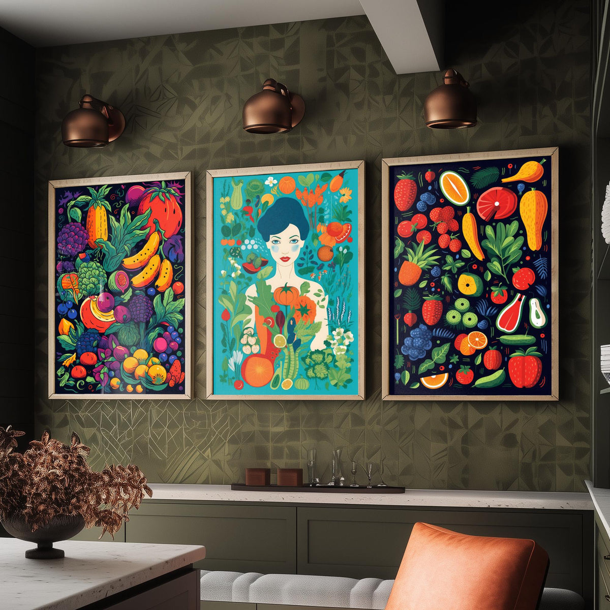 Vegan Woman and Fruit Set of Three Art Prints - Navy Fruit Harvest, Lady in a Vegetable Garden, Strawberries - Food Illustration Poster V2