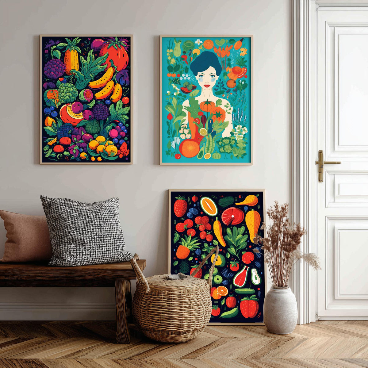 Vegan Woman and Fruit Set of Three Art Prints - Navy Fruit Harvest, Lady in a Vegetable Garden, Strawberries - Food Illustration Poster V2