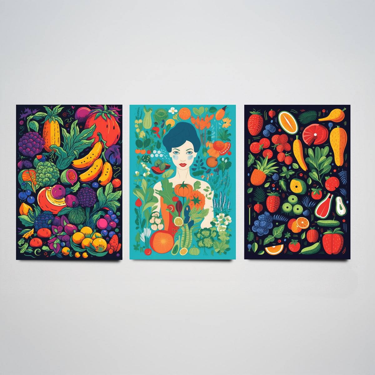 Vegan Woman and Fruit Set of Three Art Prints - Navy Fruit Harvest, Lady in a Vegetable Garden, Strawberries - Food Illustration Poster V2