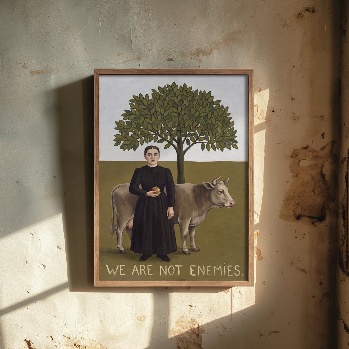 We Are Not Enemies Art Print - Woman and Cow Naive Painting - Rousseau Style Vegan Poster - Folk Portrait 1/3