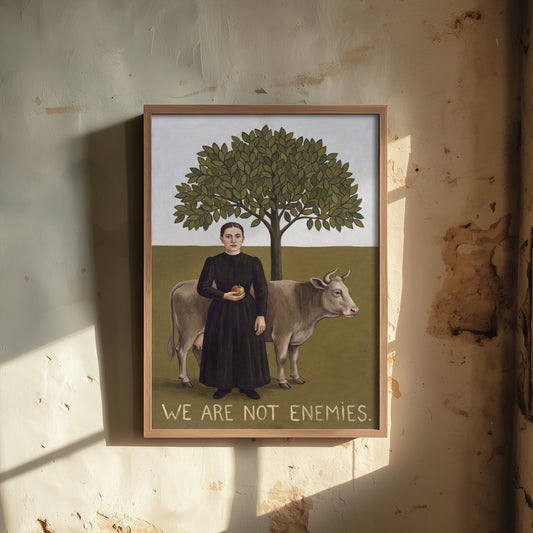 We Are Not Enemies Art Print - Woman and Cow Naive Painting - Rousseau Style Vegan Poster - Folk Portrait 1/3