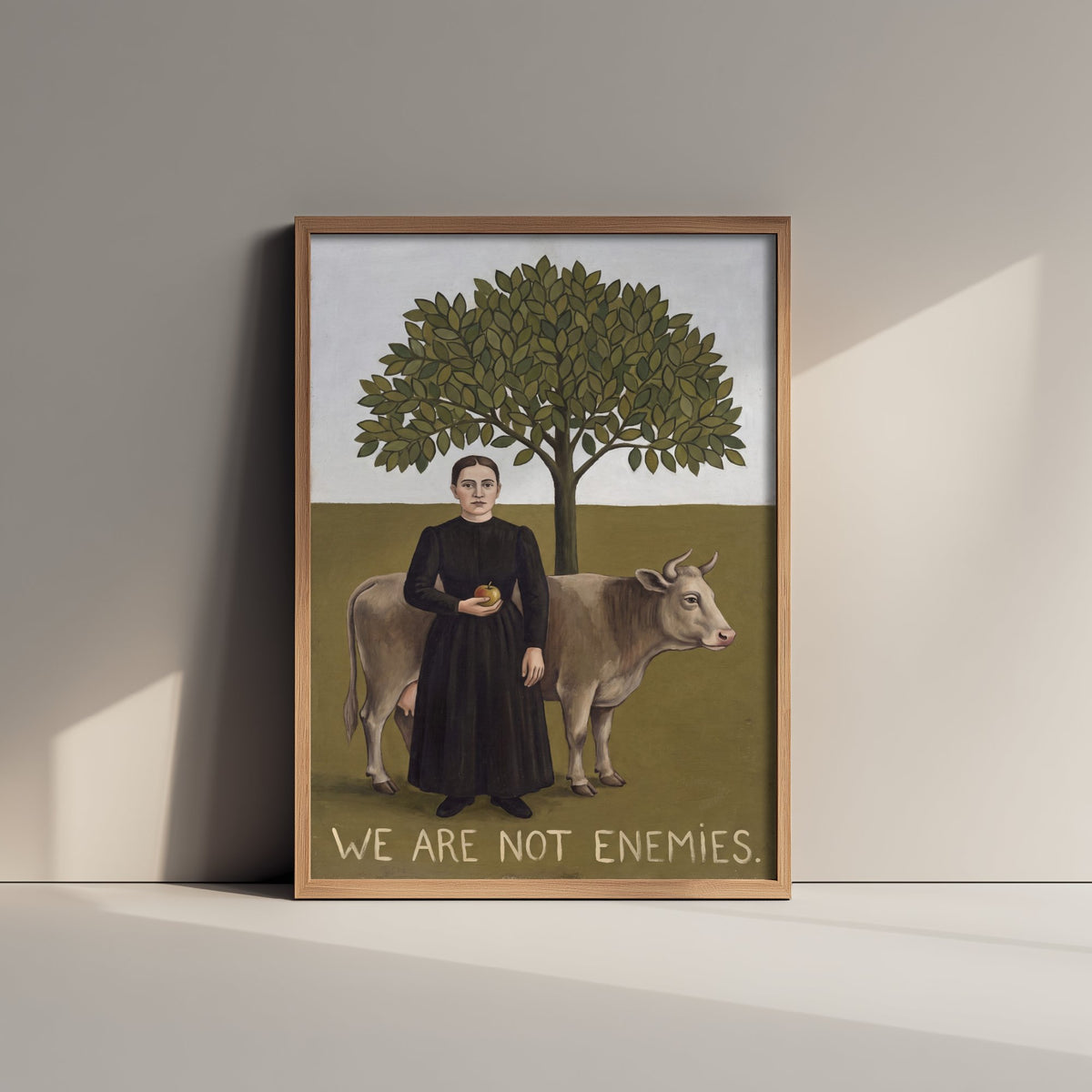 We Are Not Enemies Art Print - Woman and Cow Naive Painting - Rousseau Style Vegan Poster - Folk Portrait 1/3