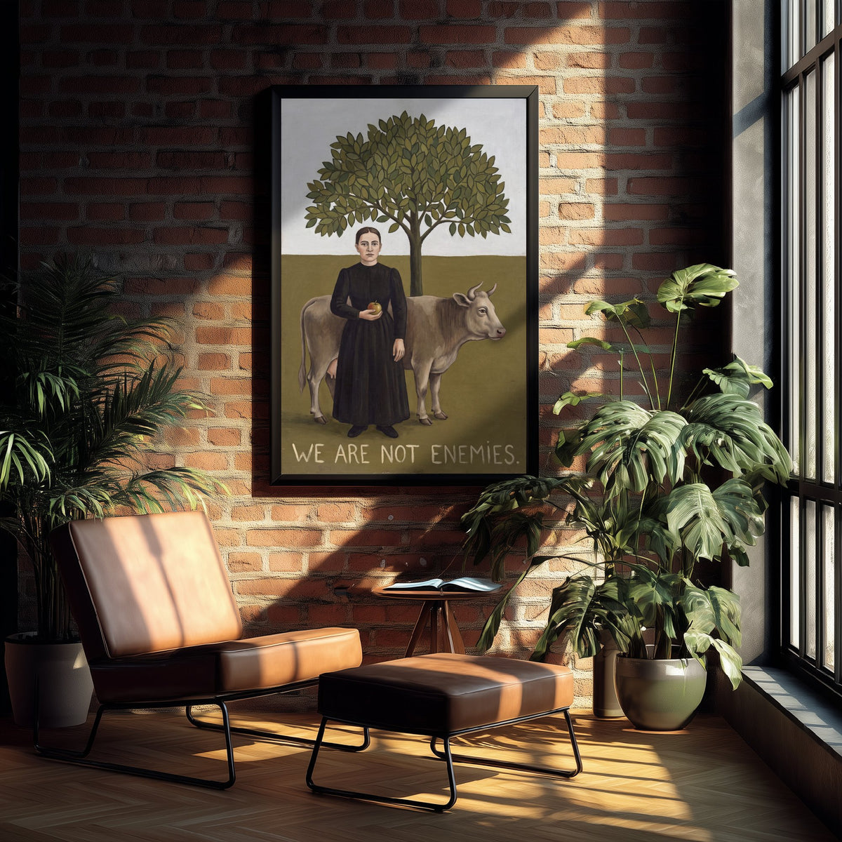 We Are Not Enemies Art Print - Woman and Cow Naive Painting - Rousseau Style Vegan Poster - Folk Portrait 1/3