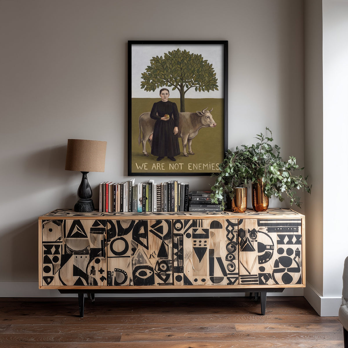 We Are Not Enemies Art Print - Woman and Cow Naive Painting - Rousseau Style Vegan Poster - Folk Portrait 1/3