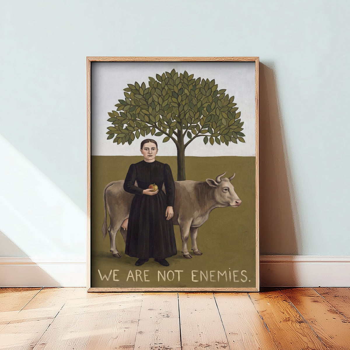 We Are Not Enemies Art Print - Woman and Cow Naive Painting - Rousseau Style Vegan Poster - Folk Portrait 1/3