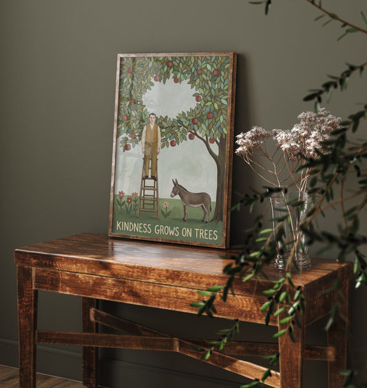Kindness Grows On Trees Art Print - Apple Orchard Naive Painting - Man and Donkey Folk Poster - Rousseau Style 2/3
