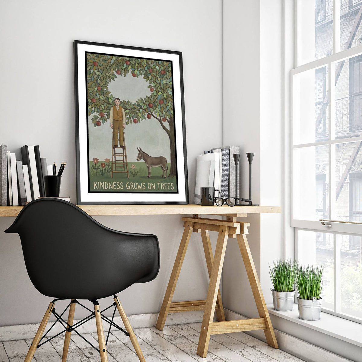 Kindness Grows On Trees Art Print - Apple Orchard Naive Painting - Man and Donkey Folk Poster - Rousseau Style 2/3