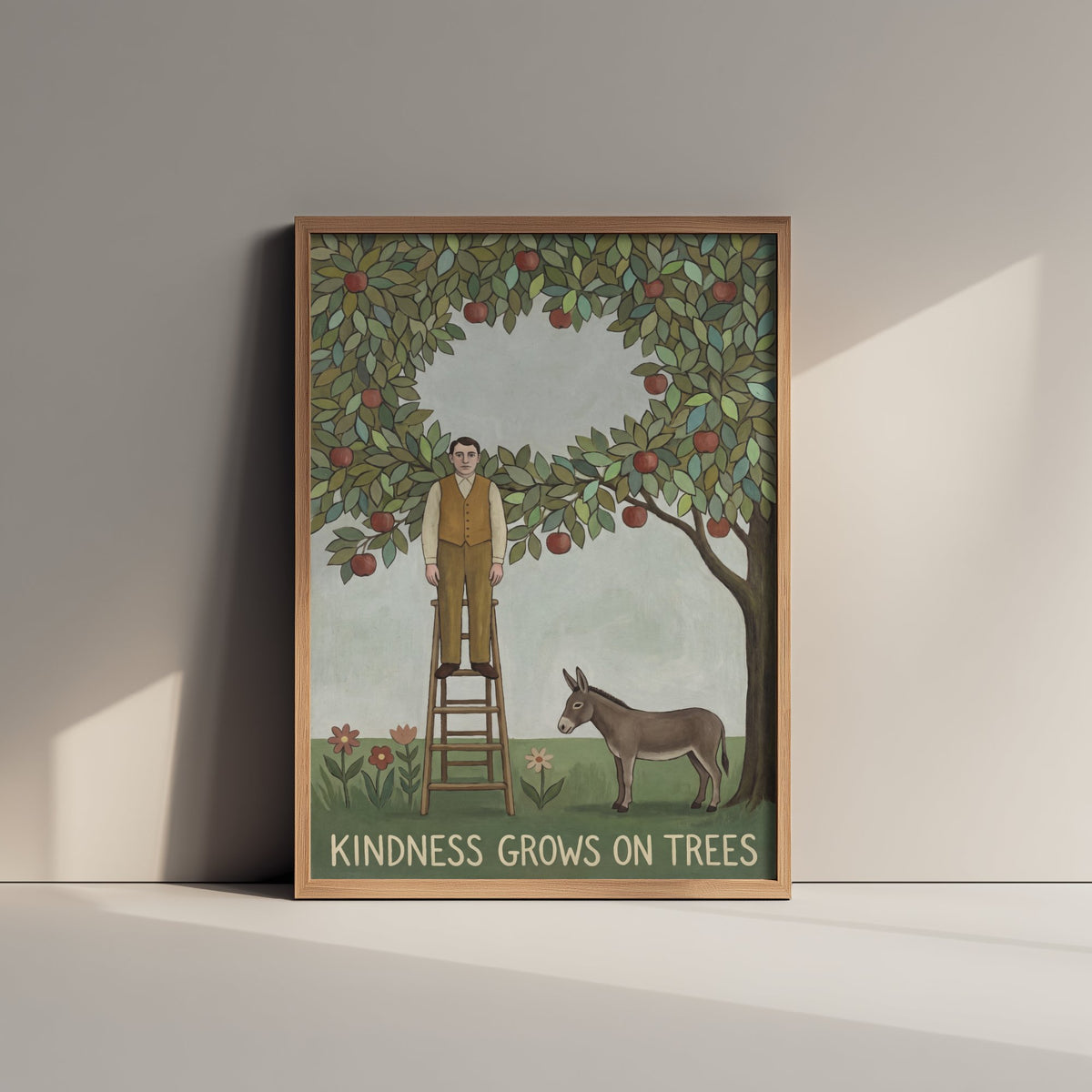 Kindness Grows On Trees Art Print - Apple Orchard Naive Painting - Man and Donkey Folk Poster - Rousseau Style 2/3