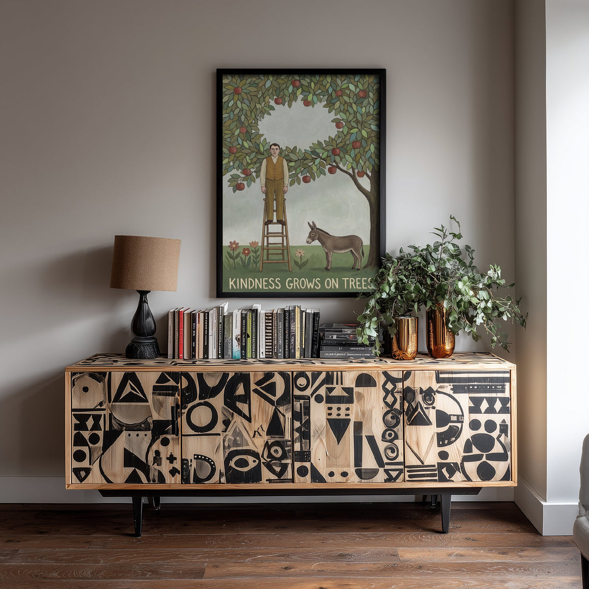 Kindness Grows On Trees Art Print - Apple Orchard Naive Painting - Man and Donkey Folk Poster - Rousseau Style 2/3