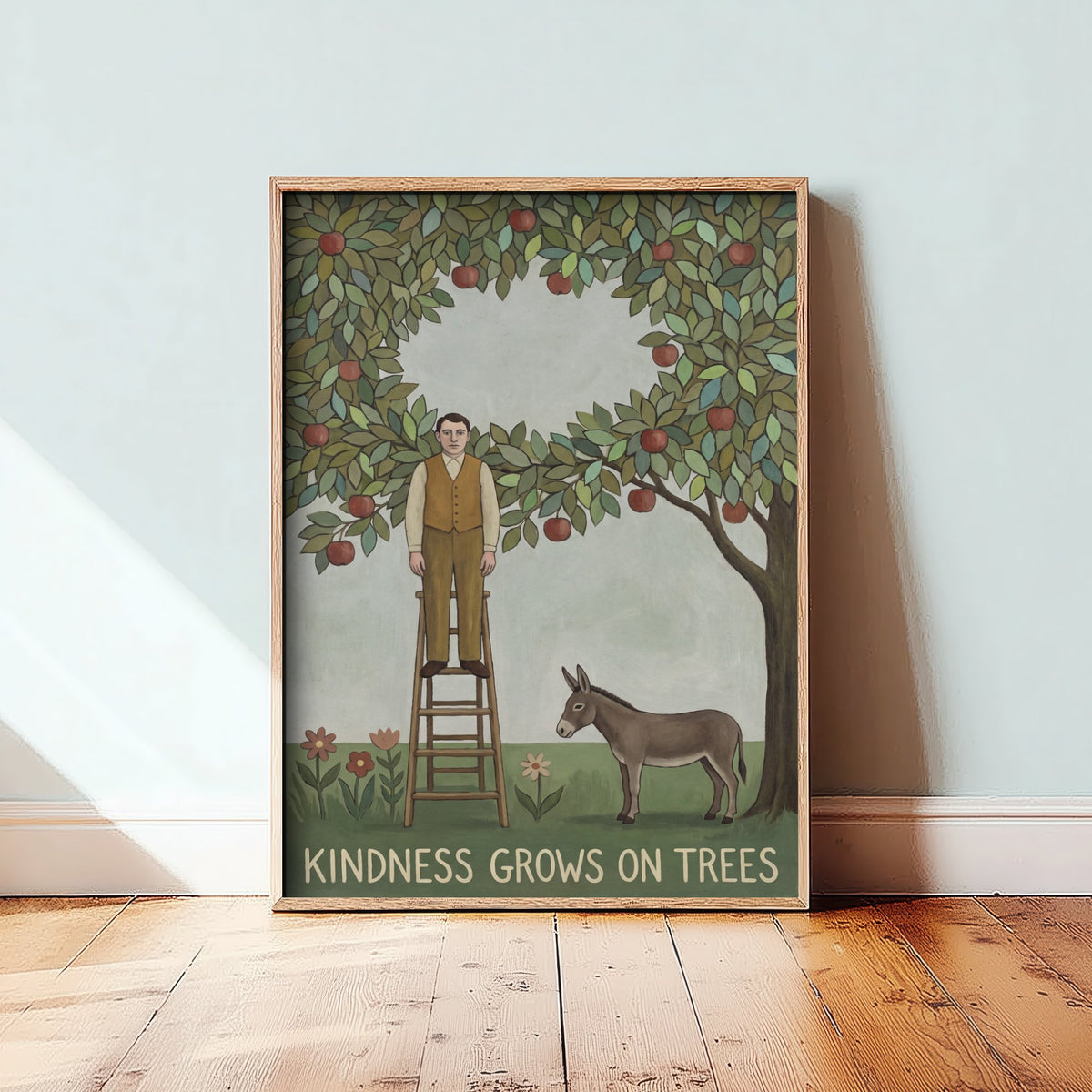 Kindness Grows On Trees Art Print - Apple Orchard Naive Painting - Man and Donkey Folk Poster - Rousseau Style 2/3