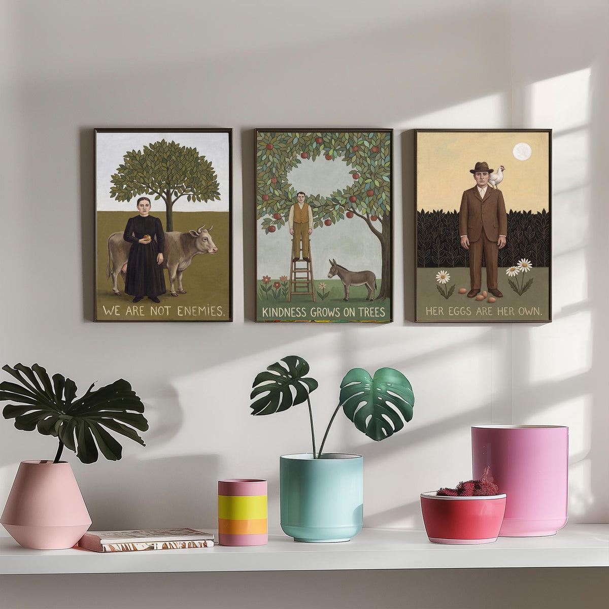 We Are Not Enemies Set of Three Art Prints - Vegan Naive Portrait Paintings - Cow, Orchard, Hen - Kindness Quote Posters
