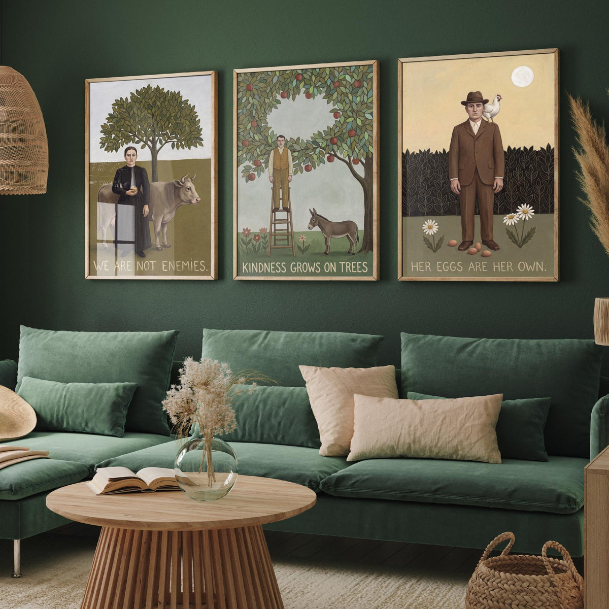 We Are Not Enemies Set of Three Art Prints - Vegan Naive Portrait Paintings - Cow, Orchard, Hen - Kindness Quote Posters