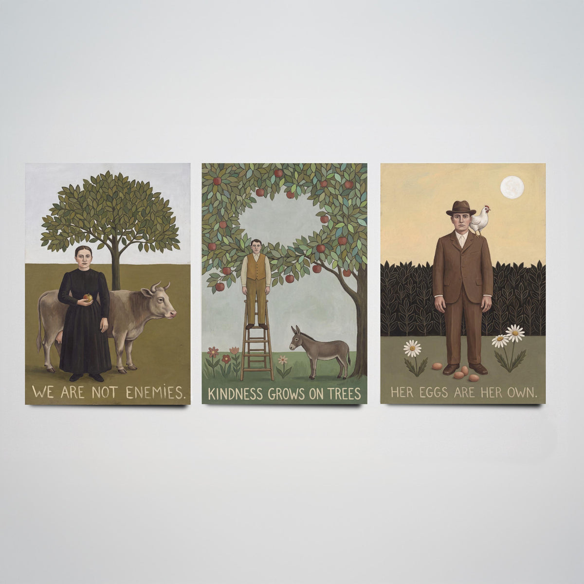 We Are Not Enemies Set of Three Art Prints - Vegan Naive Portrait Paintings - Cow, Orchard, Hen - Kindness Quote Posters